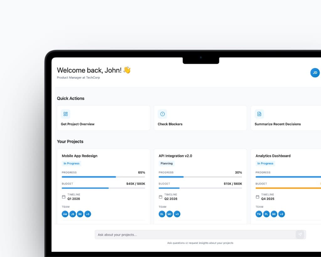 Project management dashboard showing welcome message, quick actions, and project cards